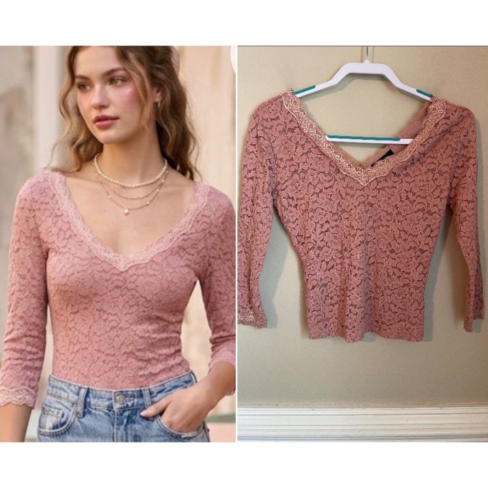 Ambiance Coquette Balletcore Dusty Rose Lace‎ V-Neck 3/4 Sleeve Lined Top Size M